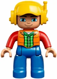 LEGO Duplo Figure Lego Ville, Male, Blue Legs, Orange Vest, Dark Green Plaid Shirt, Red Arms, Yellow Cap with Headset minifigure