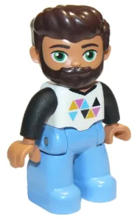 LEGO Duplo Figure Lego Ville, Male, Medium Blue Legs, White Top with Triangles, Black Arms, Dark Brown Hair and Beard minifigure