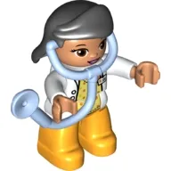 LEGO Duplo Figure Lego Ville, Female, Medic, Bright Light Orange Legs, White Top with ID Badge, White Arms, Black Hair, Attached Stethoscope minifigure