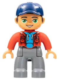 LEGO Duplo Figure Lego Ville, Male, Dark Bluish Gray Legs, Red Jacket, Medium Azure Shirt, Dark Blue Cap minifigure