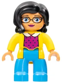 LEGO Duplo Figure Lego Ville, Female, Dark Azure Legs, Yellow Jacket, Magenta Top, Black Hair minifigure