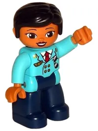 LEGO Duplo Figure Lego Ville, Female Pilot, Dark Blue Legs, Medium Azure Top with Red Tie, Black Hair minifigure