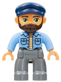 LEGO Duplo Figure Lego Ville, Male, Dark Bluish Gray Legs, Medium Blue Shirt, Dark Blue Cap, Beard minifigure