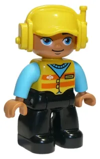 LEGO Duplo Figure Lego Ville, Male, Black Legs, Medium Azure Shirt, Yellow Safety Vest with Train Logo, Yellow Cap with Headset minifigure
