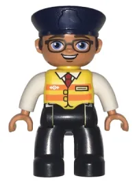 LEGO Duplo Figure Lego Ville, Male, Black Legs, White Shirt, Yellow Safety Vest with Train Logo, Dark Blue Hat, Brown Hair and Glasses minifigure
