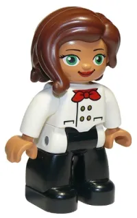 LEGO Duplo Figure Lego Ville, Female, Black Legs, White Chefs Top with Red Scarf and Reddish Brown Hair minifigure