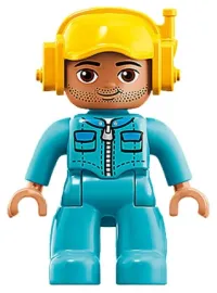 LEGO Duplo Figure Lego Ville, Male, Medium Azure Legs, Medium Azure Jacket with Zipper and Pockets, Yellow Cap with Headset minifigure