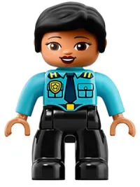 LEGO Duplo Figure Lego Ville, Female Police, Black Legs, Medium Azure Top with Badge and Epaulettes, Black Hair minifigure