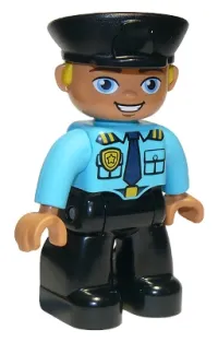 LEGO Duplo Figure Lego Ville, Male Police, Black Legs, Medium Azure Top with Badge and Epaulettes, Black Hat with Yellow Hair minifigure