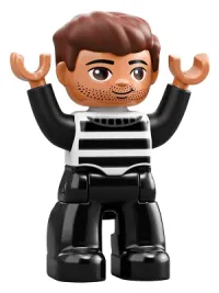 LEGO Duplo Figure Lego Ville, Male, Black Legs, Black and White Striped Top, Reddish Brown Hair (Prisoner) minifigure