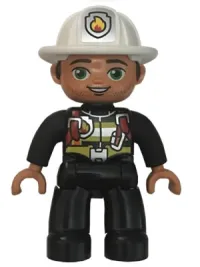 LEGO Duplo Figure Lego Ville, Male Fireman, Black Legs, Striped Jacket with Red Safety Harness, White Helmet with Silver Fire Badge, Green Eyes, Stubble minifigure