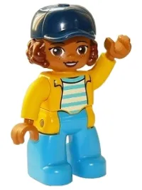 LEGO Duplo Figure Lego Ville, Female, Dark Azure Legs, White Top with Medium Azure Stripes and Yellow Jacket, Reddish Brown Hair and Dark Blue Cap minifigure