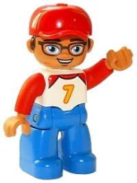 LEGO Duplo Figure Lego Ville, Male, Blue Legs, White Top with Number 7 and Red Arms, Reddish Brown Hair, Red Cap minifigure
