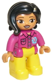 LEGO Duplo Figure Lego Ville, Female, Yellow Legs, Magenta Shirt  with Flower, Black Hair minifigure