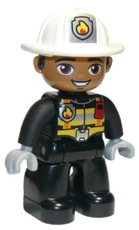 LEGO Duplo Figure Lego Ville, Male Firefighter, Black Legs, Black Jacket with Safety Harness, White Helmet with Silver Fire Badge and Radio, Brown Eyes minifigure