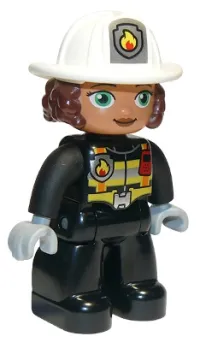 LEGO Duplo Figure Lego Ville, Female Firefighter, Black Legs, Black Jacket with Safety Harness, White Helmet with Silver Fire Badge and Radio, Green Eyes minifigure