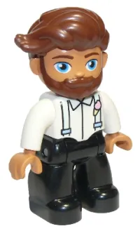 LEGO Duplo Figure Lego Ville, Male, Black Legs, White Top with Light Aqua Suspenders, Reddish Brown Hair, Beard minifigure