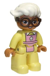 LEGO Duplo Figure Lego Ville, Female, Bright Light Yellow Suit with Bright Pink Apron, Dark Brown Glasses, White Hair minifigure