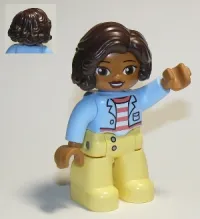 LEGO Duplo Figure Lego Ville, Female, Bright Light Yellow Legs, Bright Light Blue Top with Coral and White Stripes Shirt, Dark Brown Hair minifigure