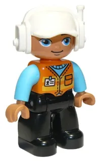 LEGO Duplo Figure Lego Ville, Male, Black Legs, Orange Vest with Badge and Pocket, Medium Azure Arms, White Cap with Headset minifigure