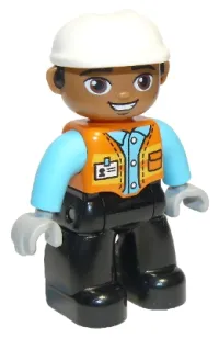 LEGO Duplo Figure Lego Ville, Male, Black Legs, Orange Vest with Badge and Pocket, Medium Azure Arms, Light Bluish Gray Hands, White Construction Helmet minifigure