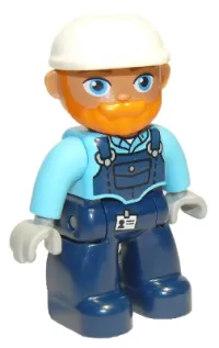 LEGO Duplo Figure Lego Ville, Male, Dark Blue Legs, Medium Azure Top with Dark Blue Overalls, White Construction Helmet, Orange Beard minifigure