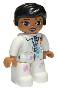 LEGO Duplo Figure Lego Ville, Female, White Suit with Zipper, ID Badge, and Paint Splotches, Black Knot Bun Hair minifigure