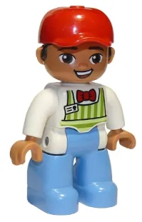 LEGO Duplo Figure Lego Ville, Male, Medium Blue Legs, Lime Striped Apron, Red Bow Tie, Dark Brown Hair, Red Cap minifigure