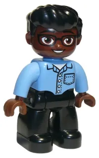 LEGO Duplo Figure Lego Ville, Male, Black Legs, Medium Blue Shirt with Pocket, Reddish Brown Head, Glasses, Black Hair Swept Forward, Oval Eyes minifigure