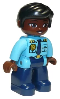 LEGO Duplo Figure Lego Ville, Female Police, Dark Blue Legs, Medium Azure Top with Badge and Epaulettes, Black Hair minifigure
