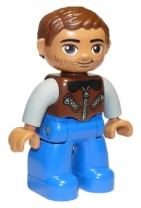 LEGO Duplo Figure Lego Ville, Male, Blue Legs, Reddish Brown Jacket with Zippers, Light Bluish Gray Arms, Reddish Brown Hair, Brown Oval Eyes minifigure