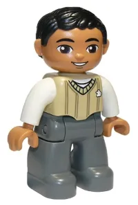 LEGO Duplo Figure Lego Ville, Male, Dark Bluish Gray Legs, Tan Sweater, White Arms, Black Hair, Brown Oval Eyes minifigure