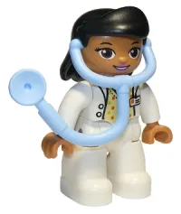 LEGO Duplo Figure Lego Ville, Female, Medic, White Legs, White Top with ID Badge, White Arms, Black Hair, Attached Stethoscope minifigure