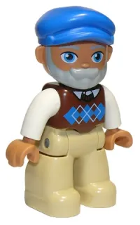 LEGO Duplo Figure Lego Ville, Male, Tan Legs, Reddish Brown Argyle Sweater Vest, White Arms, Light Bluish Gray Beard, Blue Cap minifigure
