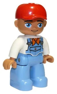 LEGO Duplo Figure Lego Ville, Male, Medium Blue Legs, White Top with Medium Blue Overalls, Bandana, Red Cap, Oval Eyes minifigure