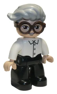 LEGO Duplo Figure Lego Ville, Male, Black Legs, White Top, Dark Brown Glasses, Light Bluish Gray Hair minifigure