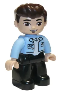 LEGO Duplo Figure Lego Ville, Male, Black Legs, Bright Light Blue Top with White Shirt, Dark Brown Hair minifigure