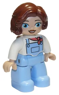 LEGO Duplo Figure Lego Ville, Female, Bright Light Blue Legs with Overalls, White Top, Reddish Brown Hair minifigure