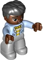 LEGO Duplo Figure Lego Ville, Male, Light Bluish Gray Legs, White and Yellow Top with Bright Light Blue Jacket, Black Hair minifigure