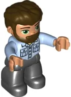 LEGO Duplo Figure Lego Ville, Male, Black Legs, Bright Light Blue Shirt with Pockets, Dark Brown Hair and Beard minifigure