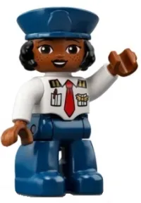 LEGO Duplo Figure Lego Ville, Female Pilot, Dark Blue Legs, White Top with Red Tie, Dark Blue Hat with Black Hair minifigure