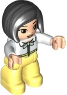 LEGO Duplo Figure Lego Ville, Female, Bright Light Yellow Legs, White Top with Light Aqua Bow, Black Hair minifigure
