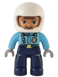 LEGO Duplo Figure Lego Ville, Male Police, Dark Blue Legs, Medium Azure Top with Badge and Zipper, White Helmet minifigure