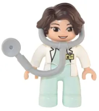 LEGO Duplo Figure Lego Ville, Female Medic, Light Aqua Legs, White Top with ID Badge, White Arms, Dark Brown Hair, Attached Stethoscope minifigure