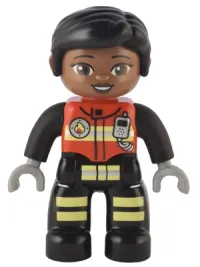 LEGO Duplo Figure Lego Ville, Female Firefighter, Black Legs with Reflective Stripes, Red Vest with Silver Fire Badge and Radio, Black Hair, Brown Eyes minifigure