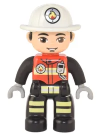 LEGO Duplo Figure Lego Ville, Male Firefighter, Black Legs with Reflective Stripes, Red Vest with Silver Fire Badge and Radio, Light Nougat Face, White Helmet with Fire Badge minifigure