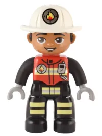 LEGO Duplo Figure Lego Ville, Male Firefighter, Black Legs with Reflective Stripes, Red Vest with Silver Fire Badge and Radio, Medium Nougat Face, White Helmet with Fire Badge minifigure