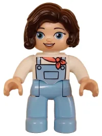 LEGO Duplo Figure Lego Ville, Female, Bright Light Blue Legs with Overalls, White Top, Dark Brown Hair (6427981) minifigure