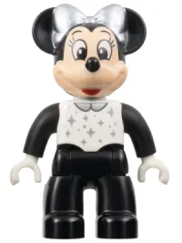LEGO Duplo Figure Lego Ville, Minnie Mouse, Black Legs and Sleeves, White Top, and Silver Collar, Sparkles, Dots, and Bow (6438760) minifigure