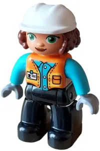 LEGO Duplo Figure Lego Ville, Female, Black Legs, Orange Vest with Badge and Pocket, Medium Azure Arms, Light Bluish Gray Hands, White Construction Helmet (6427943) minifigure